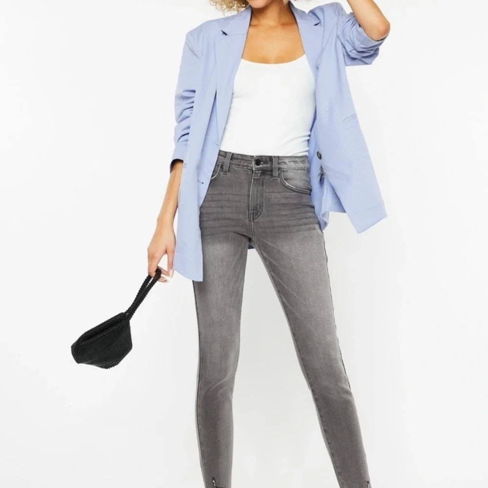 Kan Can High Rise Hem Detail Ankle Skinny Distress Jeans